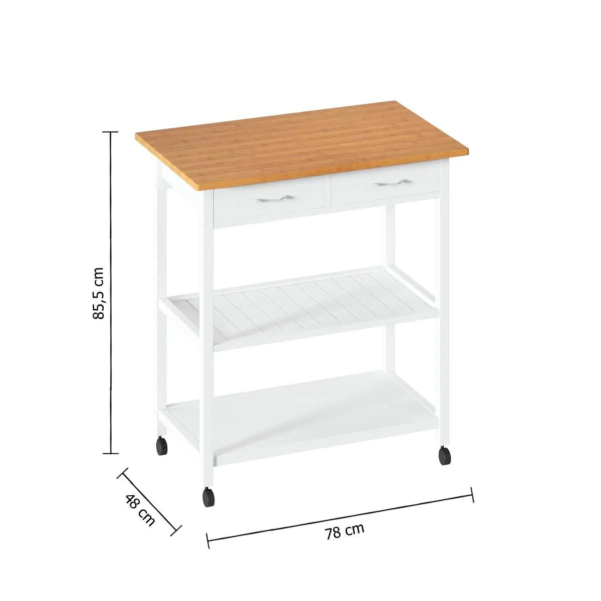 Кухненска количка 5five, Голяма, Бяло дърво и бамбук, С ефект