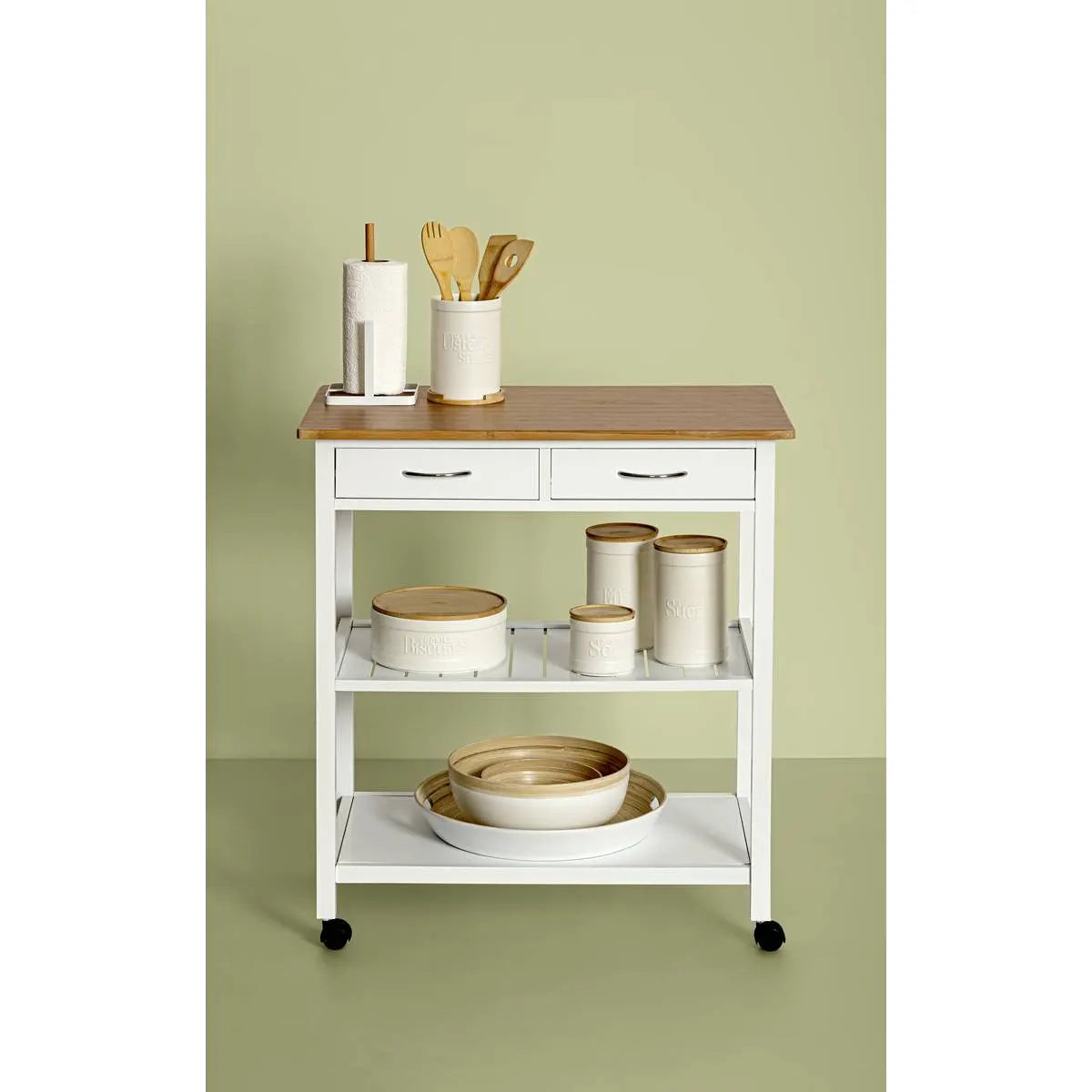 Кухненска количка 5five, Голяма, Бяло дърво и бамбук, С ефект