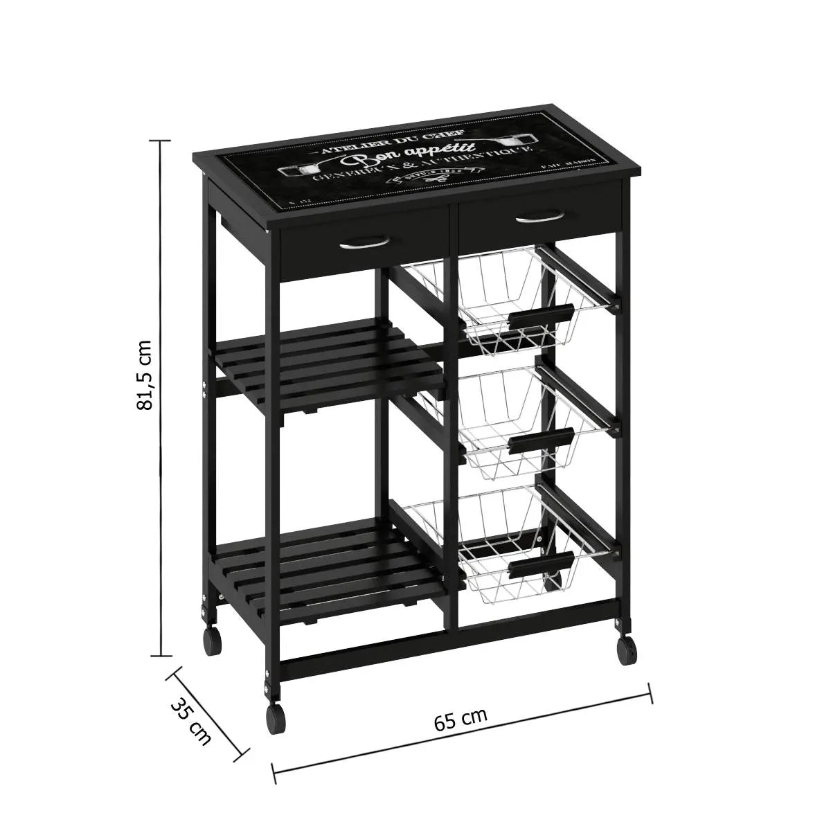 Кухненска количка 5five Gustaf, Черен, С плот от стъкло