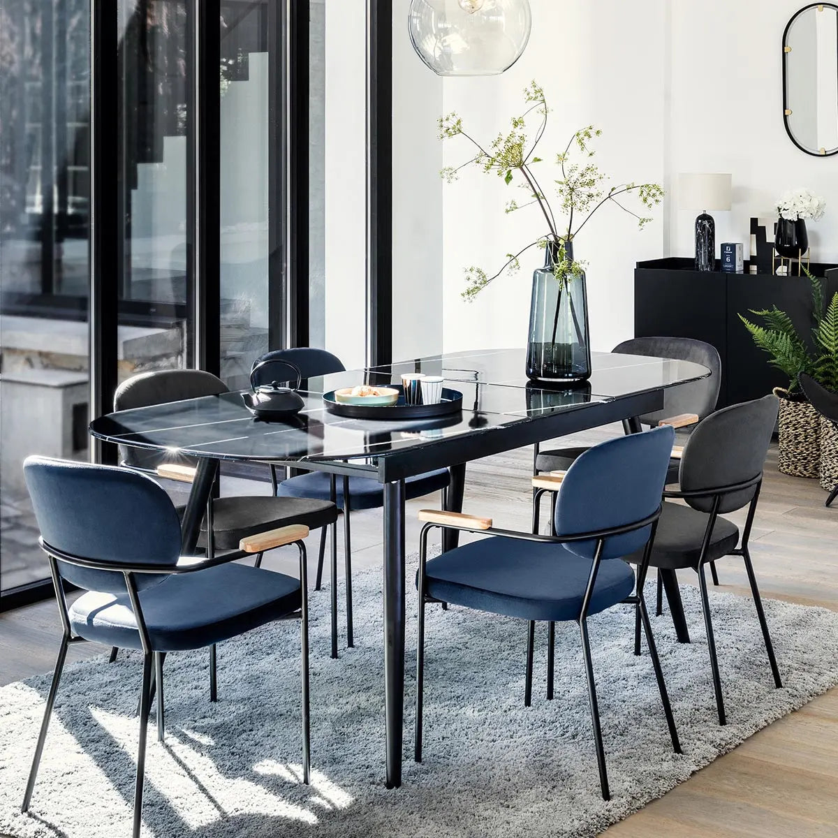 Разтегателна трапезна маса Mapu, 160-200x90 cm, Темперирано стъкло мраморен ефект