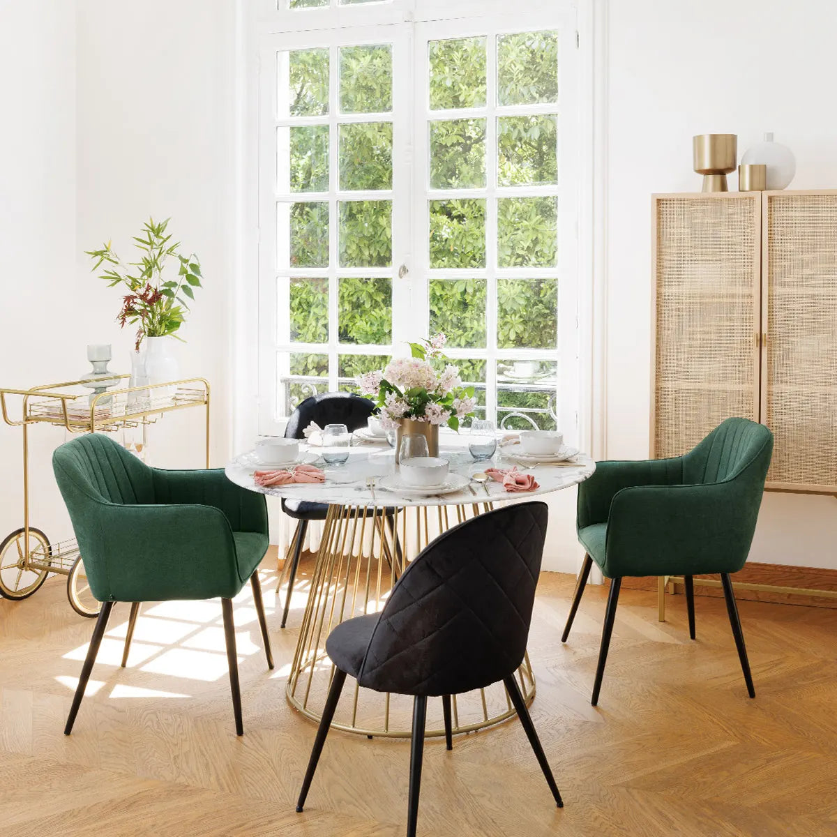 Кръгла трапезна маса Rayo, 120 cm, Темперирано стъкло мраморен ефект