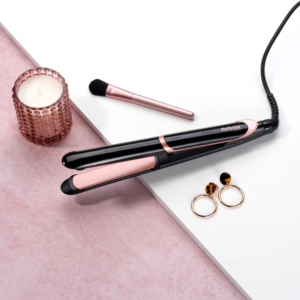 Преса за коса BaByliss ST391E Super Smooth, Плочи Tourmaline-Ceramic, 6 нива на температурата, 235 градуса, Йонизация, Черен/Розов