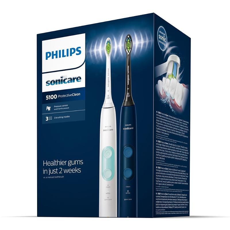 Комплект 2 електрически четки за зъби Philips Sonicare ProtectiveClean HX6851/34, 62000 движения/минута, 3 режима на почистване, Сензор за натискане, Функция BrushSync, 2 калъфа за носене, 2 глави за четки, Бял/Син