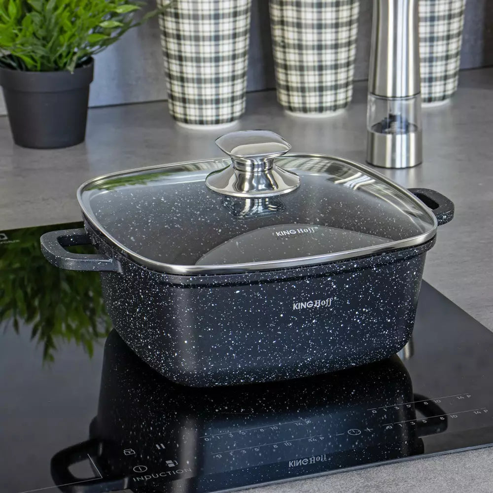 Тенджера за фурна и котлон Kinghoff с мраморно покритие, Индукция, Черен