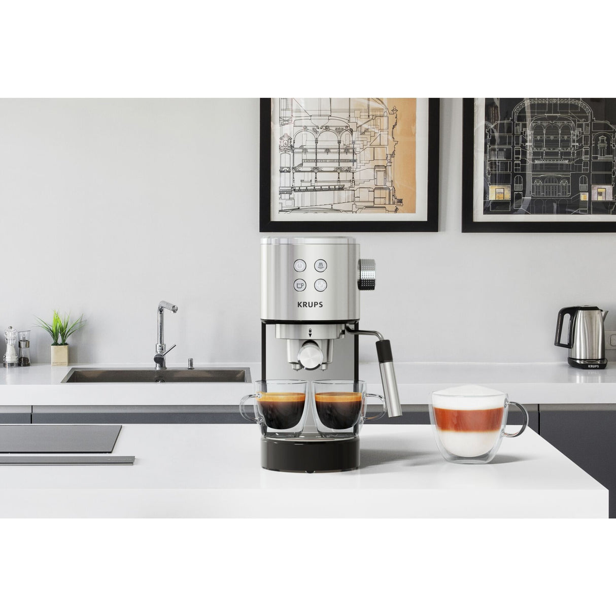 Kaфемашина Krups Virtuoso XP442C11, 15 бар, 1400 W, Технология Thermoblock, Капацитет 1 л, Сребрист/Черен