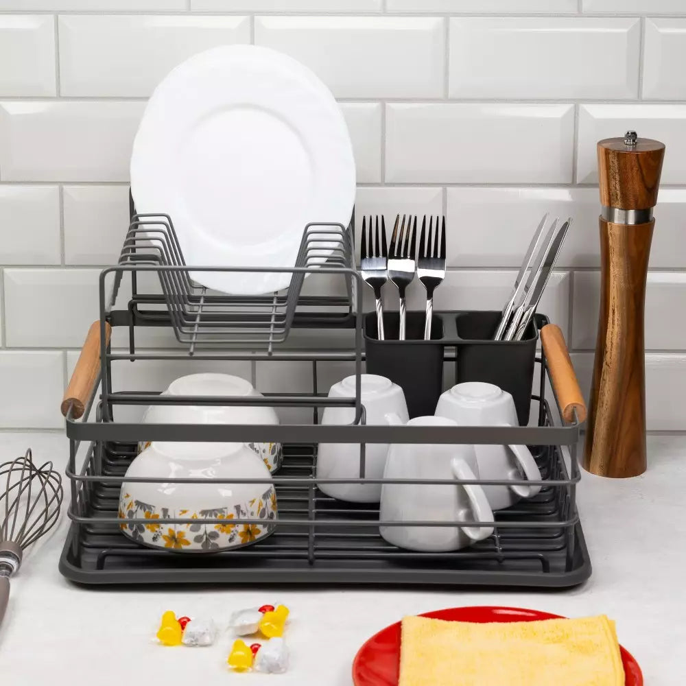 Сушилник за съдове Kinghoff, 2 нива, Поставка за прибори, Бамбук