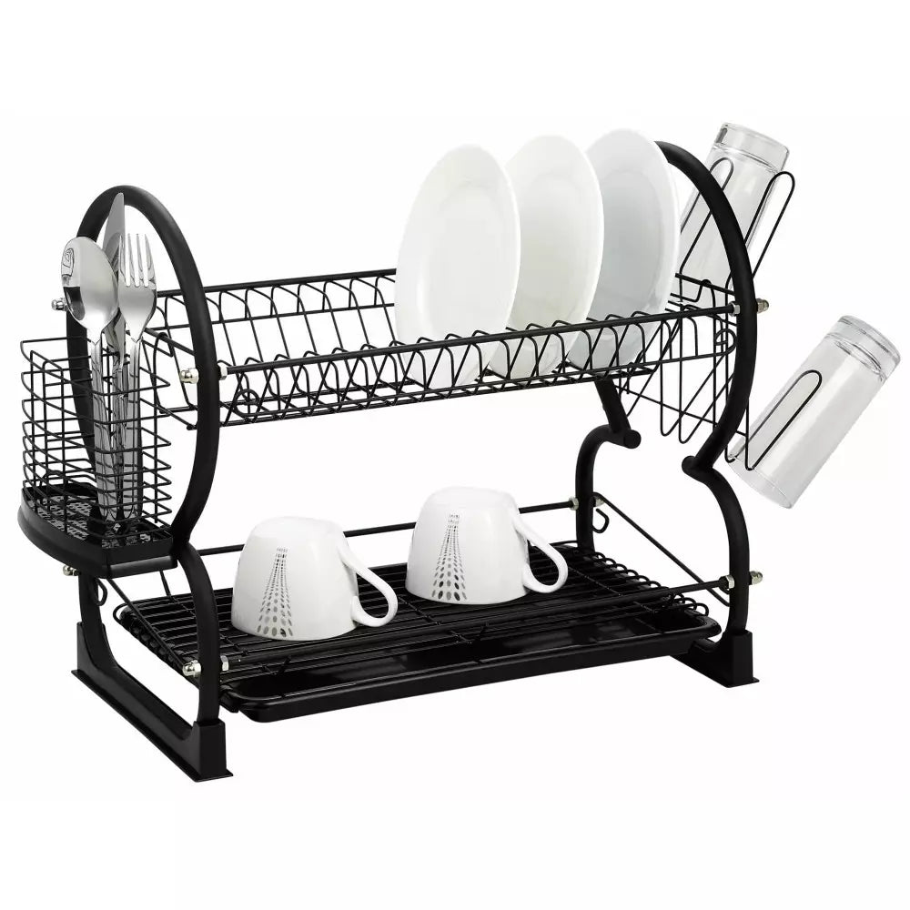 Сушилник за съдове на 2 нива Kinghoff 1500, 56.5 cm, Приставки за чаши и прибори, Черен
