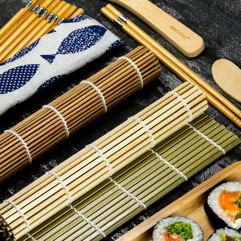 Set de sushi KingHoff 1704, 11 piese, 100% bambus, fără BPA, maro