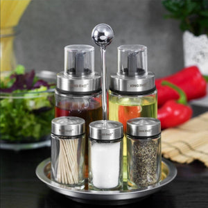 Комплект оливерник и солници Kinghoff 1648, 6 части, Въртяща се стойка, Стъкло/инокс