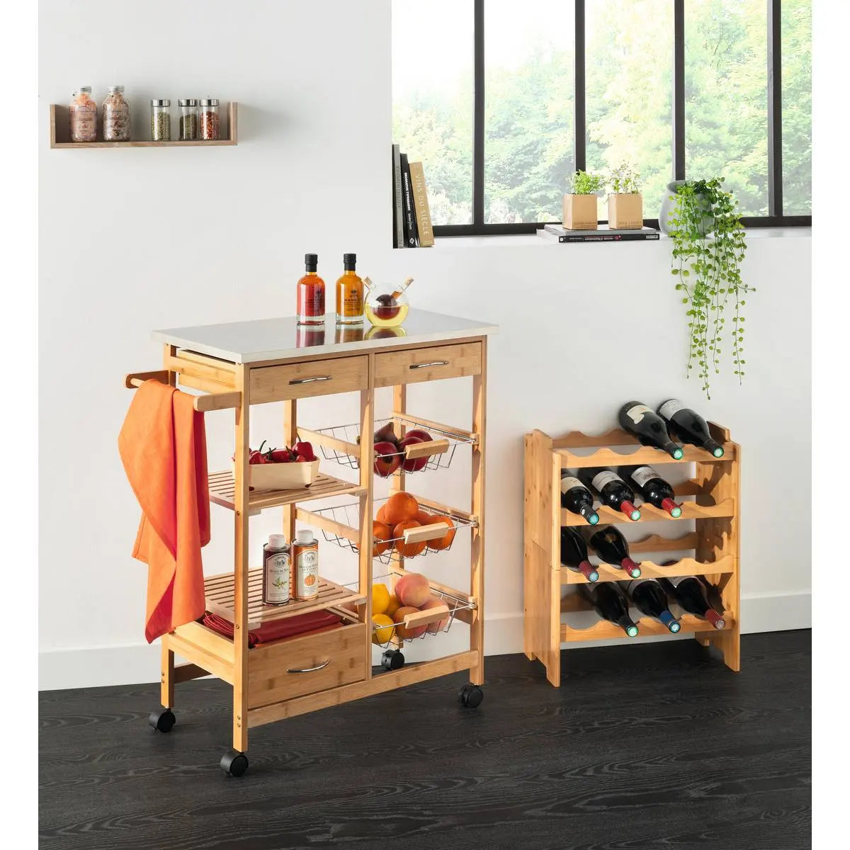 Кухненска количка 5five, Голяма, Бамбук, С метален плот