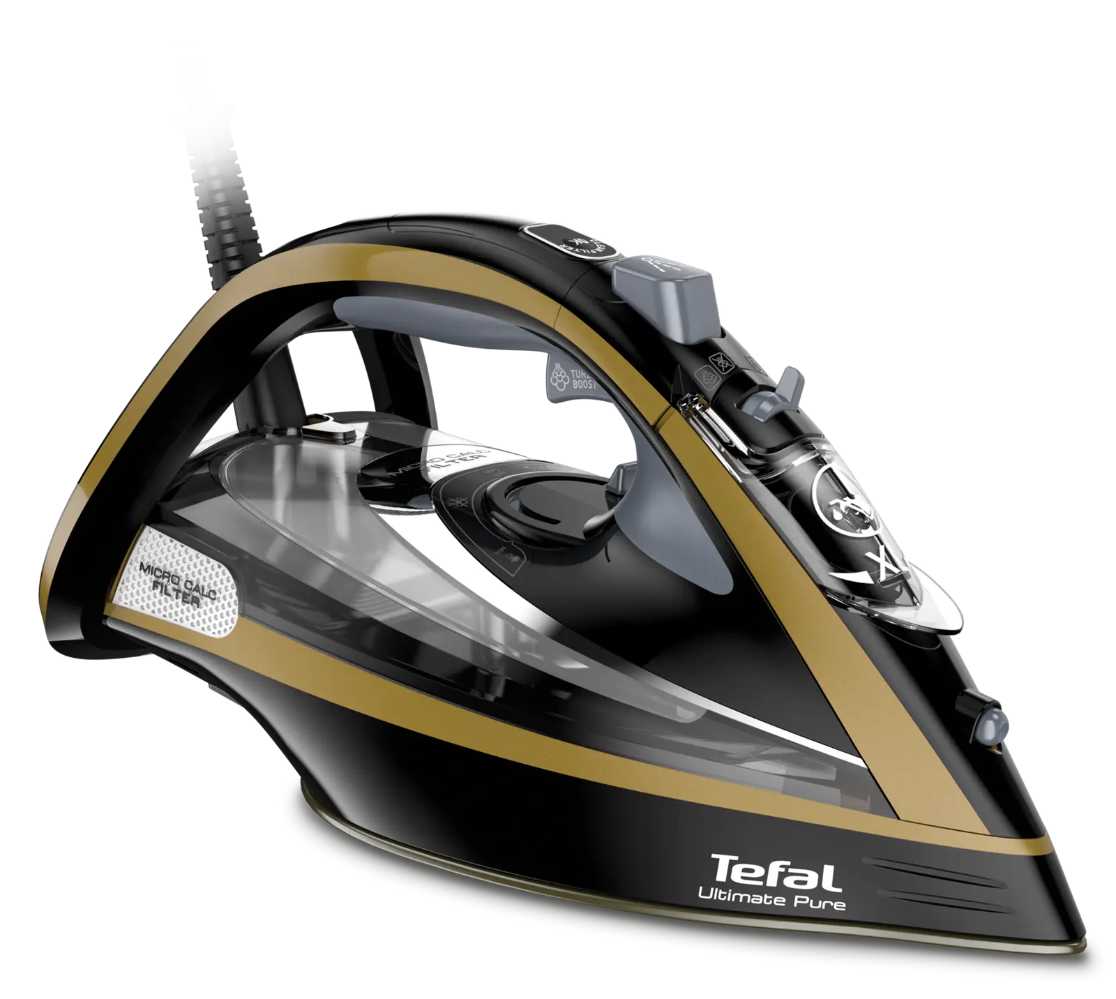 Ютия Tefal Ultimate Pure FV9865, 3000 W, Парна струя 250 гр/мин, Променлива пара 0-60 гр/мин, Резервоар за вода 350 мл, Плоча Durilium AirGlide Autoclean, Автоматично спиране, Черен/Златист