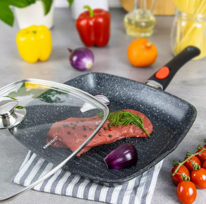 Грил тиган KingHoff 1510, 24 cm, Мраморно покритие, Капак и махаща се дръжка