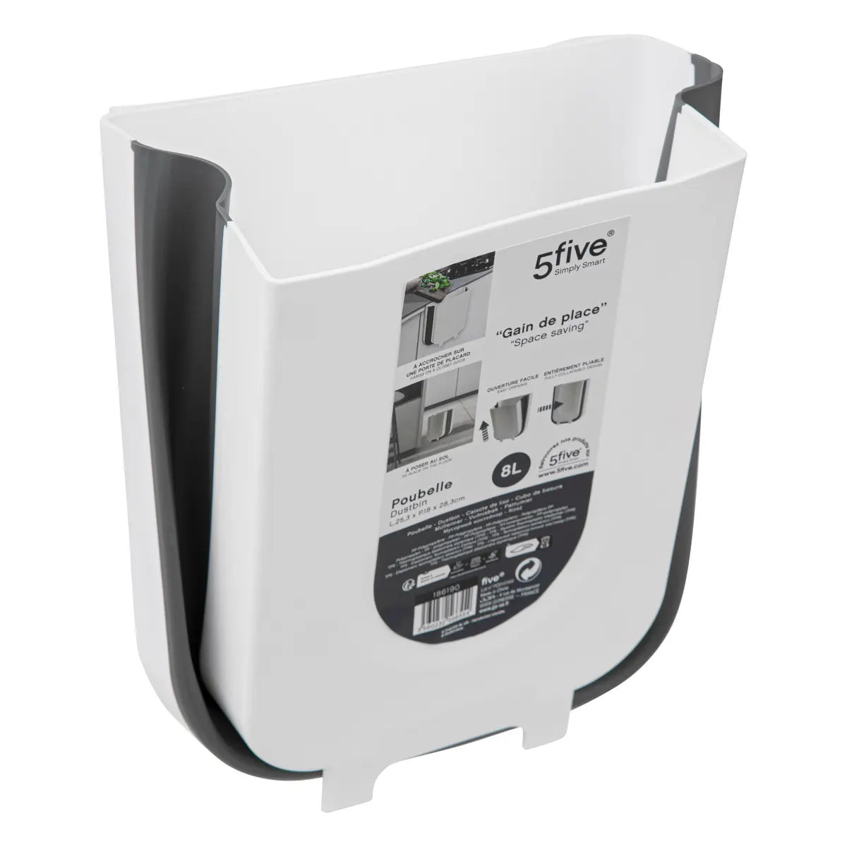 Кош 5five, Сив/Бял, Пластмаса, 8 l, Сгъваем