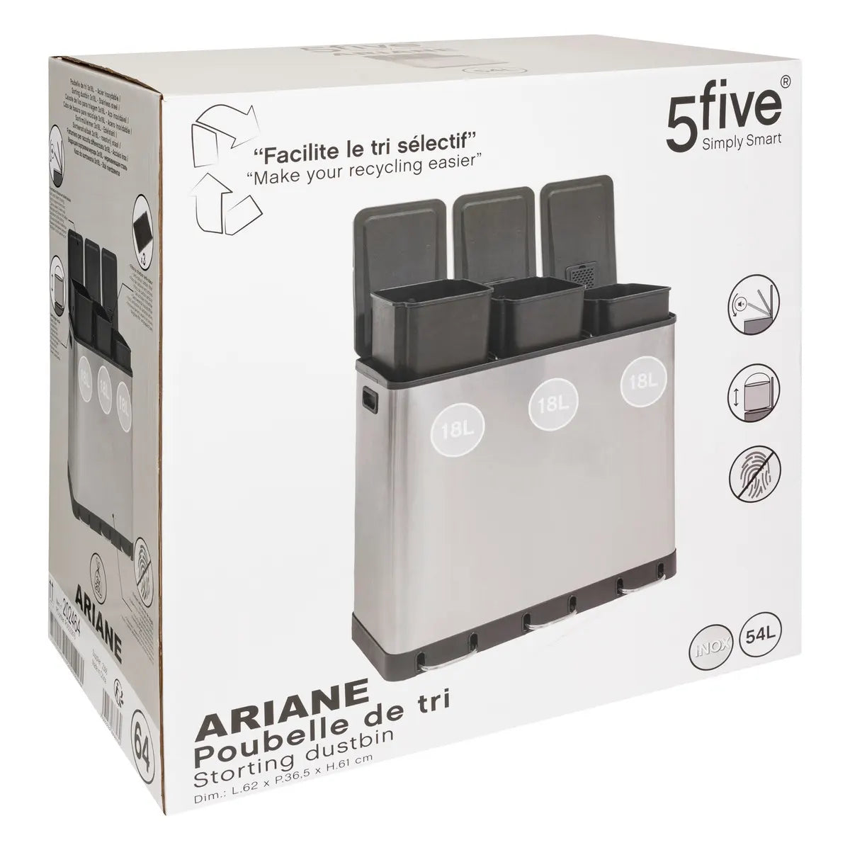 Кош за рециклиране 5five Ariane, Инокс, 3x18 l