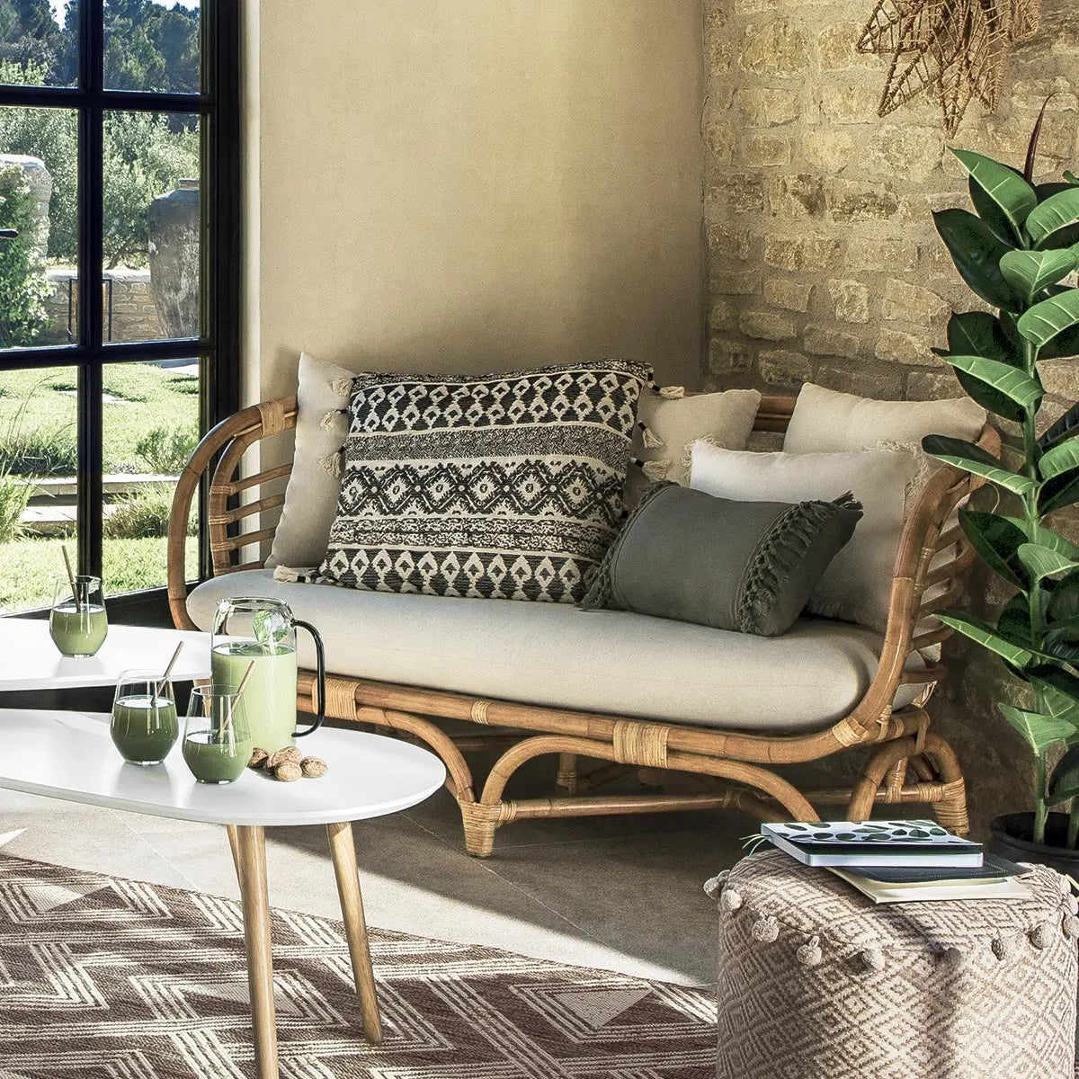 Двуместен диван atmosphera Farah, Ратан, Бял, 152x80,5x75 cm