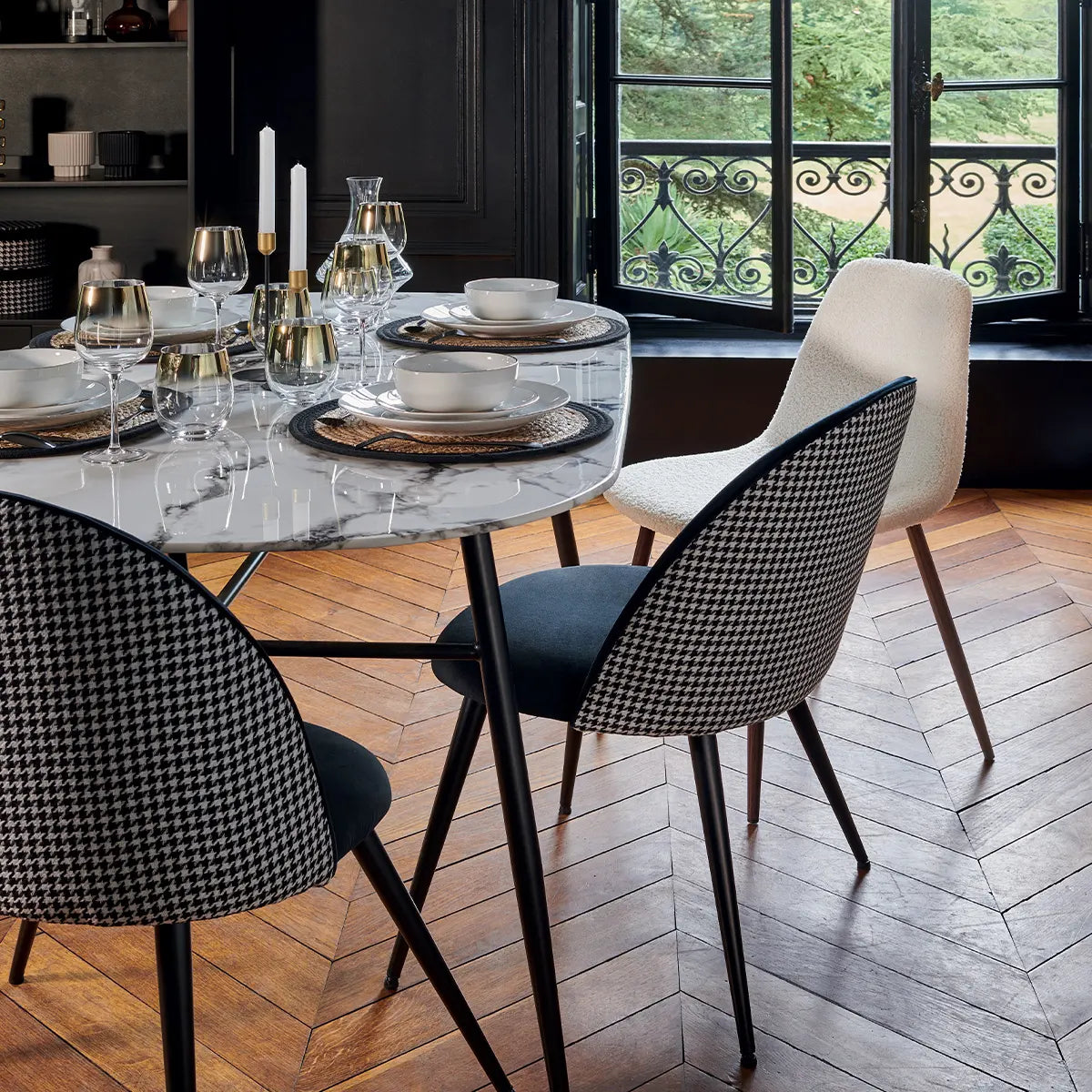 Трапезна маса Roxas, 160x90 cm, Темперирано стъкло мраморен ефект