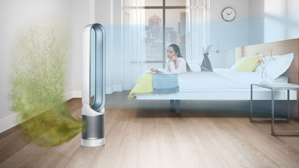 Пречиствател на въздух Dyson TP00 42815701, Air Multiplier, 10 нива на скорост, HEPA филтър H13, Дистанционно управление, Бял/Сребристо