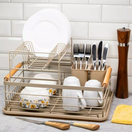 Сушилник за съдове Kinghoff, 2 нива, Поставка за прибори, Бамбук