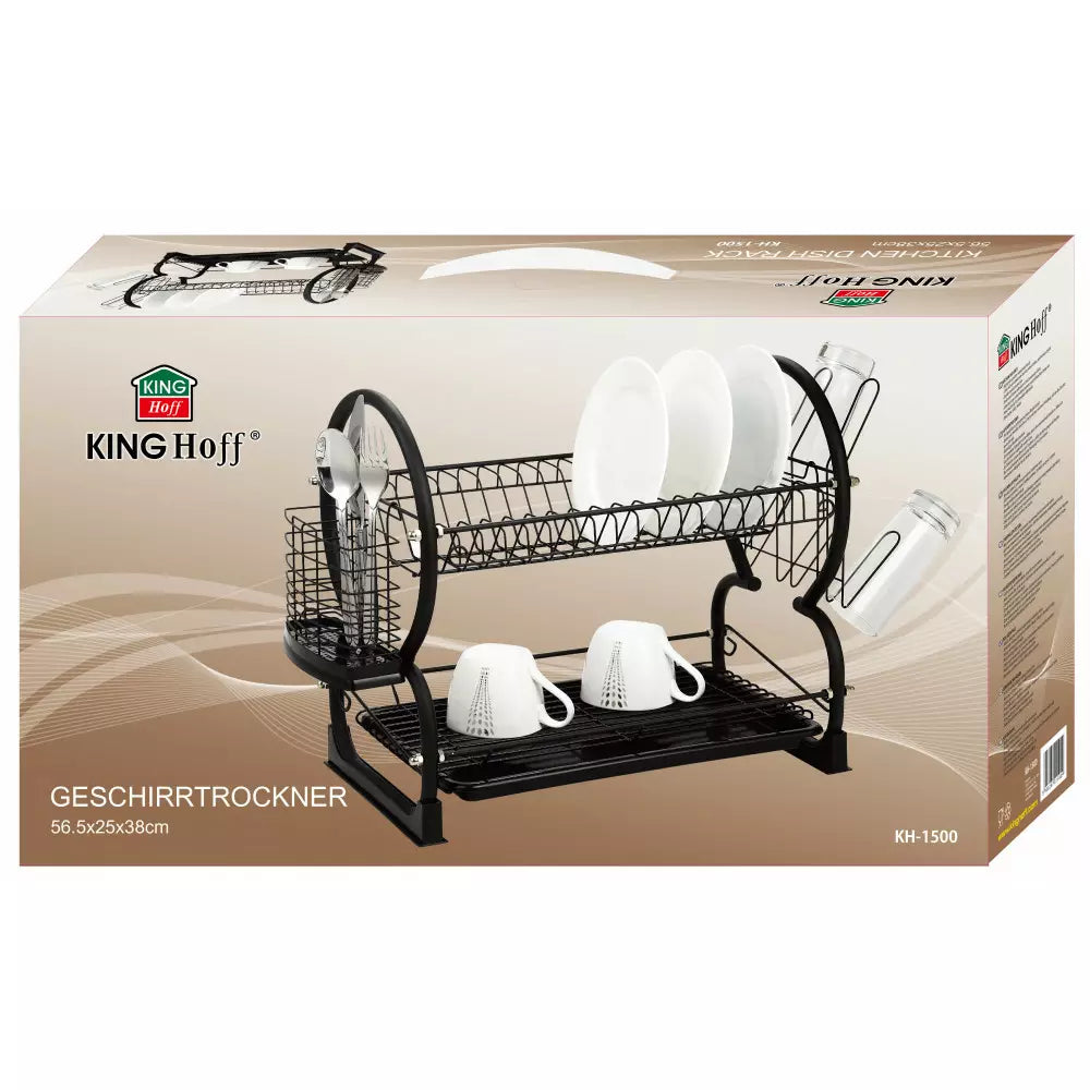 Сушилник за съдове на 2 нива Kinghoff 1500, 56.5 cm, Приставки за чаши и прибори, Черен