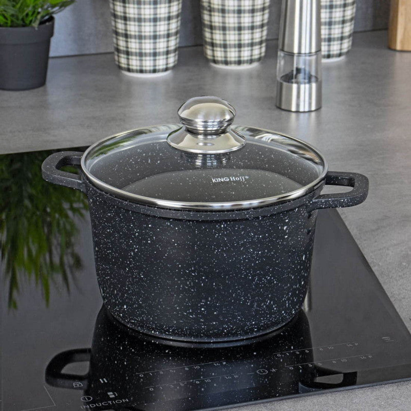 Тенджера дълбока Kinghoff 1599, 10 L, Мраморно покритие, Индукция, Черен