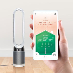 Пречиствател на въздух Dyson TP00 42815701, Air Multiplier, 10 нива на скорост, HEPA филтър H13, Дистанционно управление, Бял/Сребристо